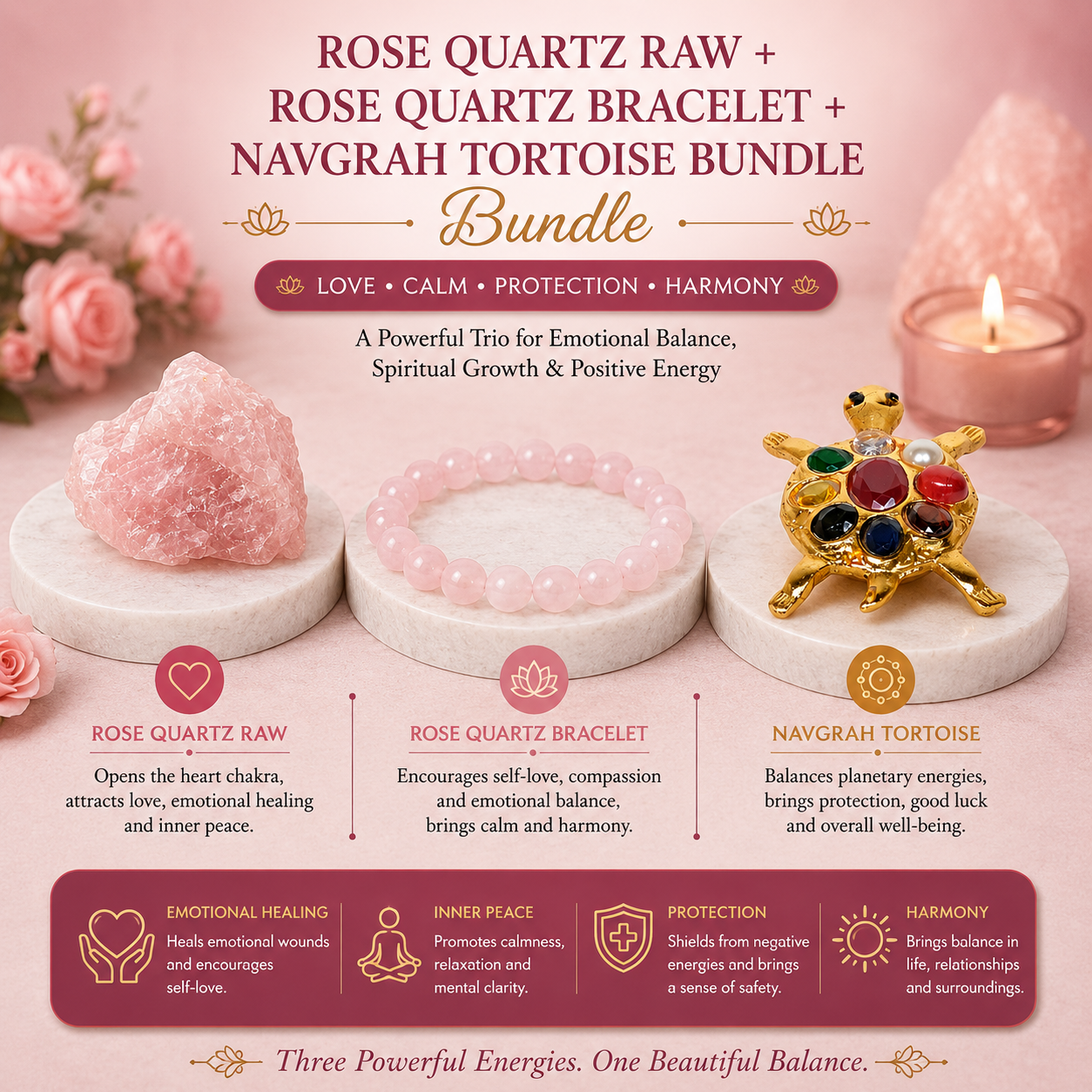 Rose Quartz Raw + Rose Quartz Bracelet + Navgrah Tortoise Bundle