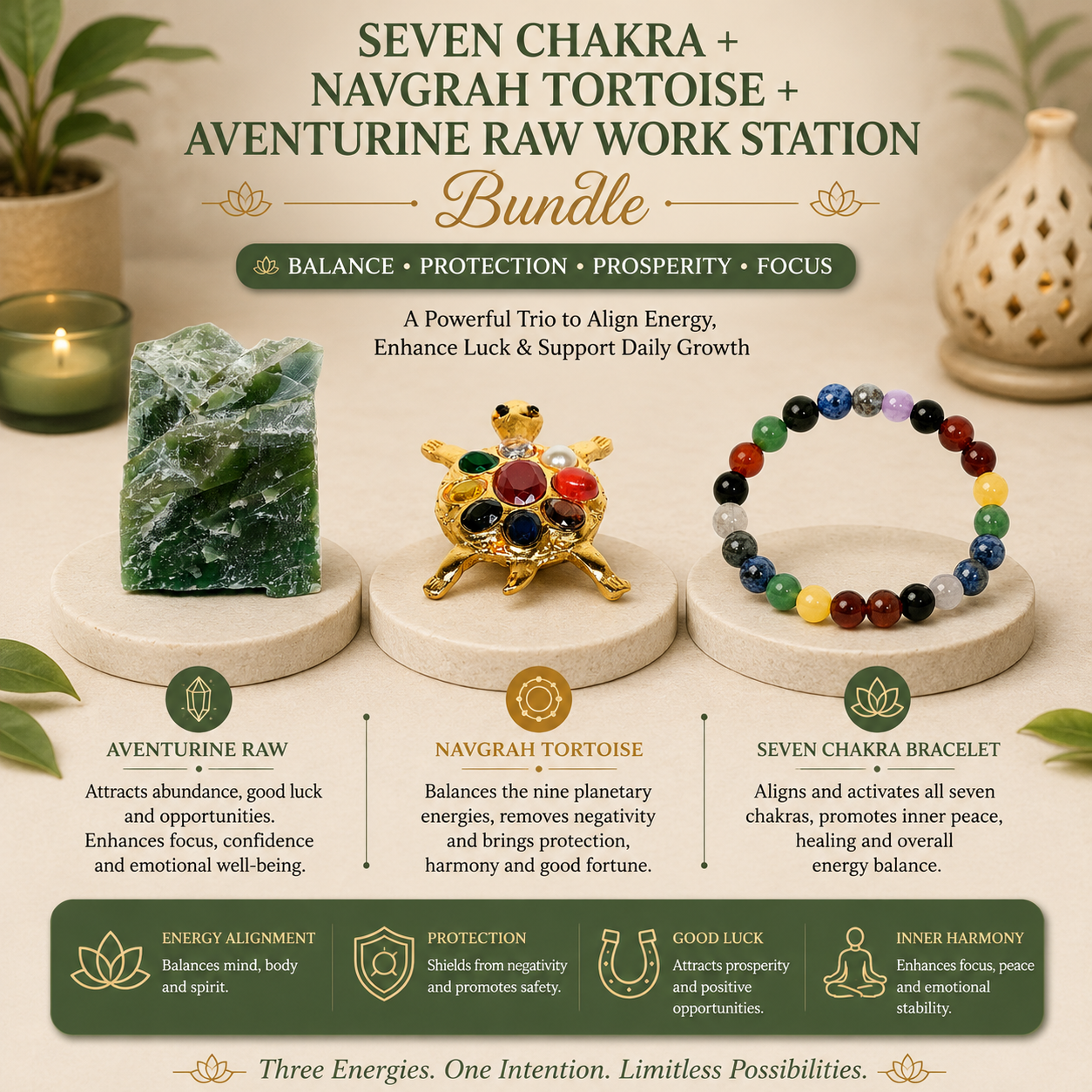 Seven Chakra + Navgrah Tortoise + Aventurine Raw Work Station Bundle