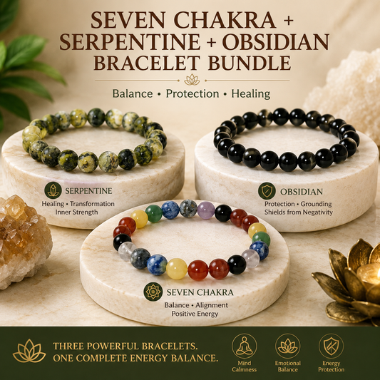 Seven Chakra + Serpentine + Obsidian Bracelet Bundle