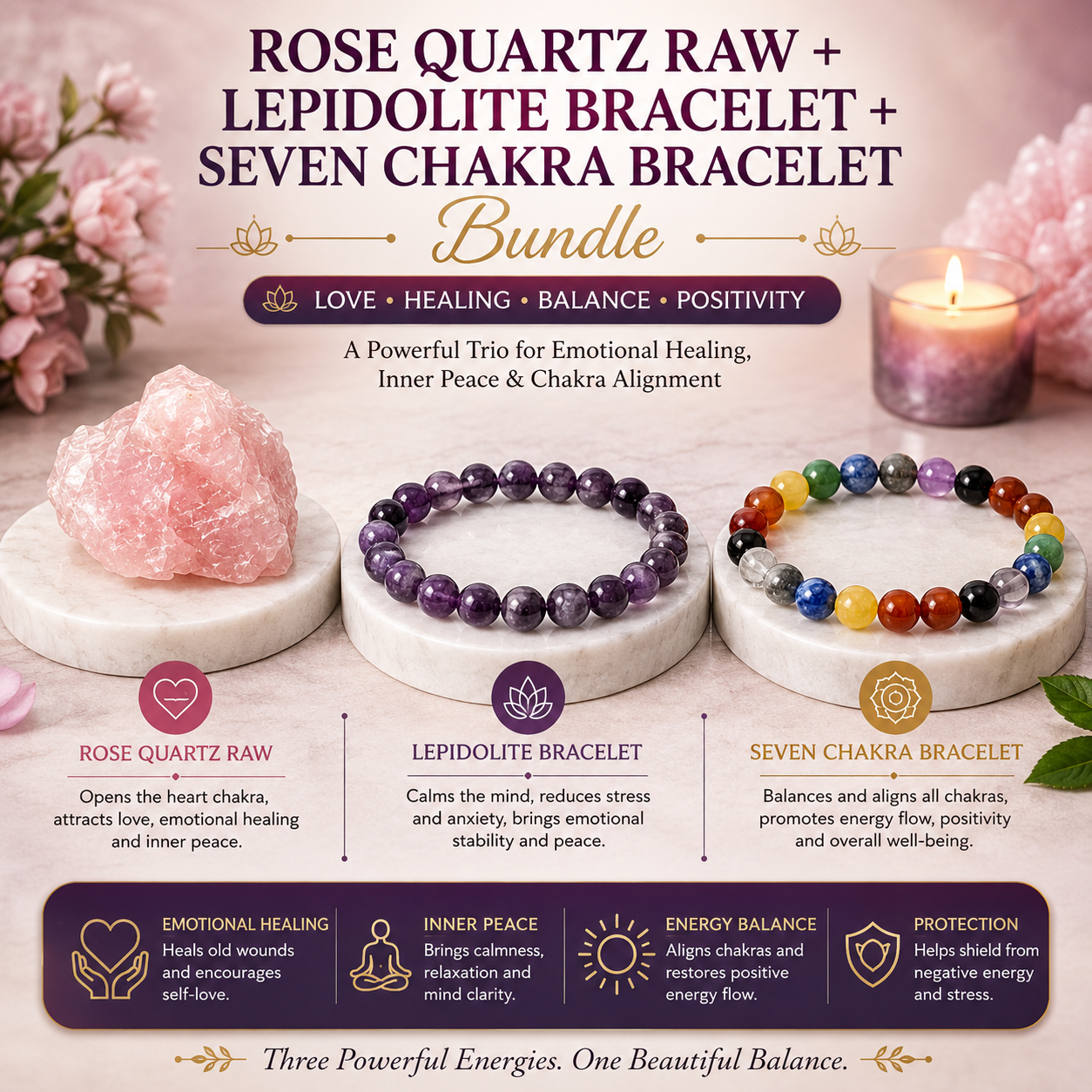 Rose Quartz Raw + Lepidolite Bracelet + Seven Chakra Bundle