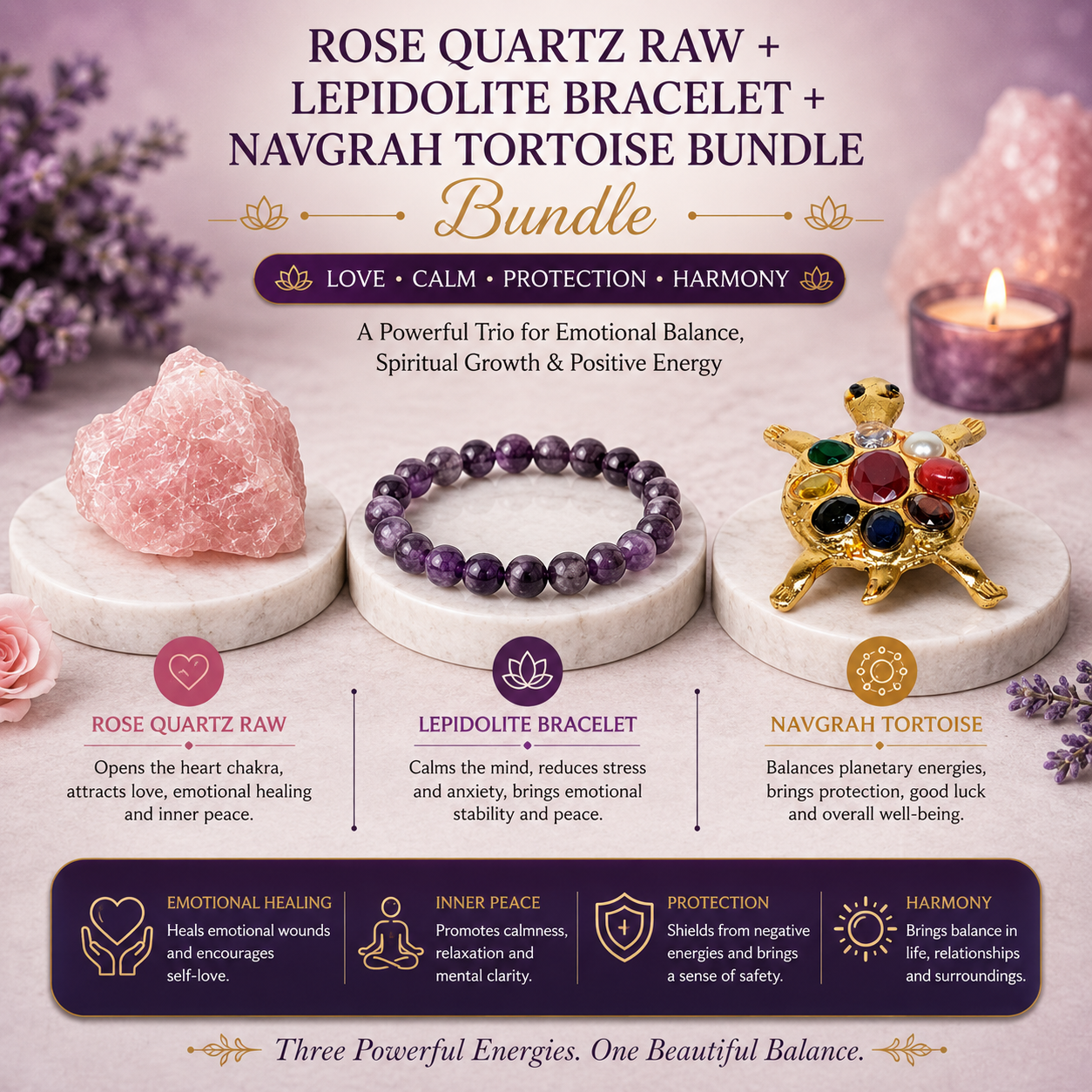 Rose Quartz Raw + Lepidolite Bracelet + Navgrah Tortoise Bundle